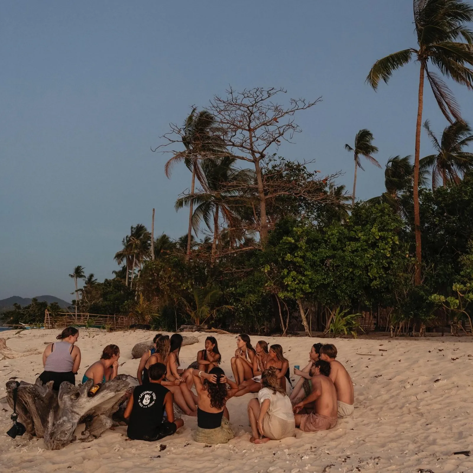 A group sitting in a circle on the sand under palm trees at dusk