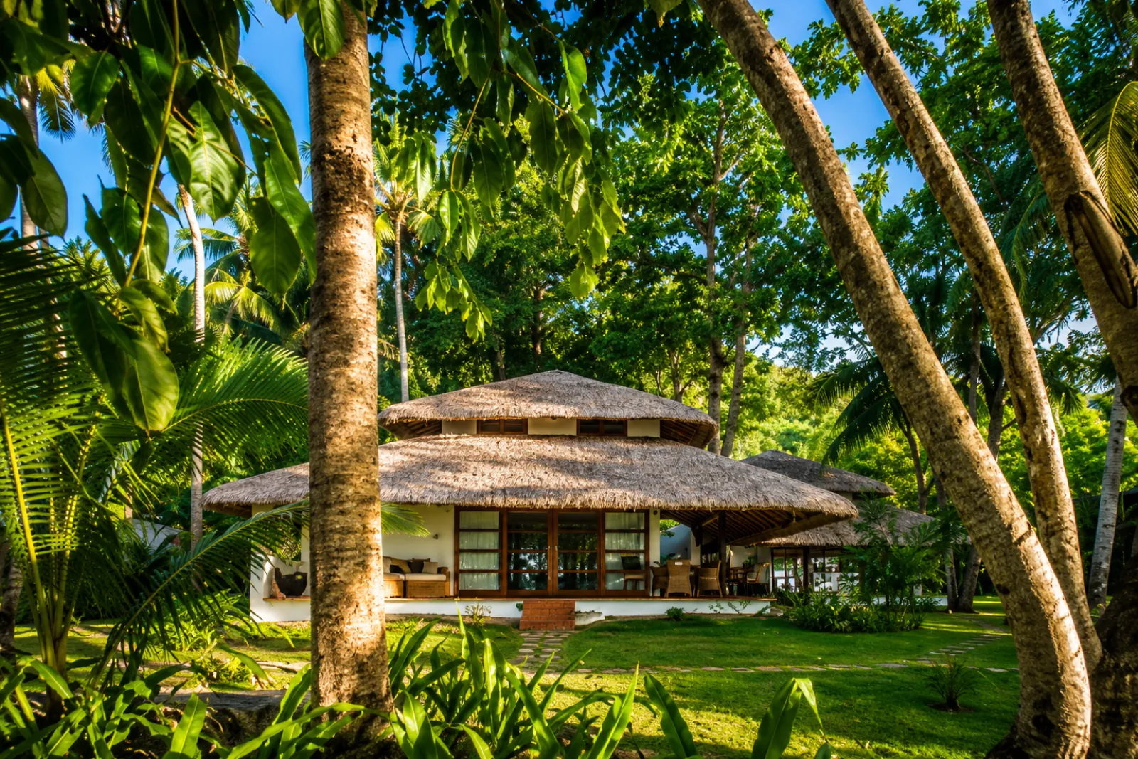 A thatched villa set in tropical garden under tall palms