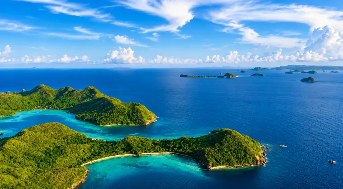 Aerial view of forested islands ringed by pale reef in deep-blue sea
